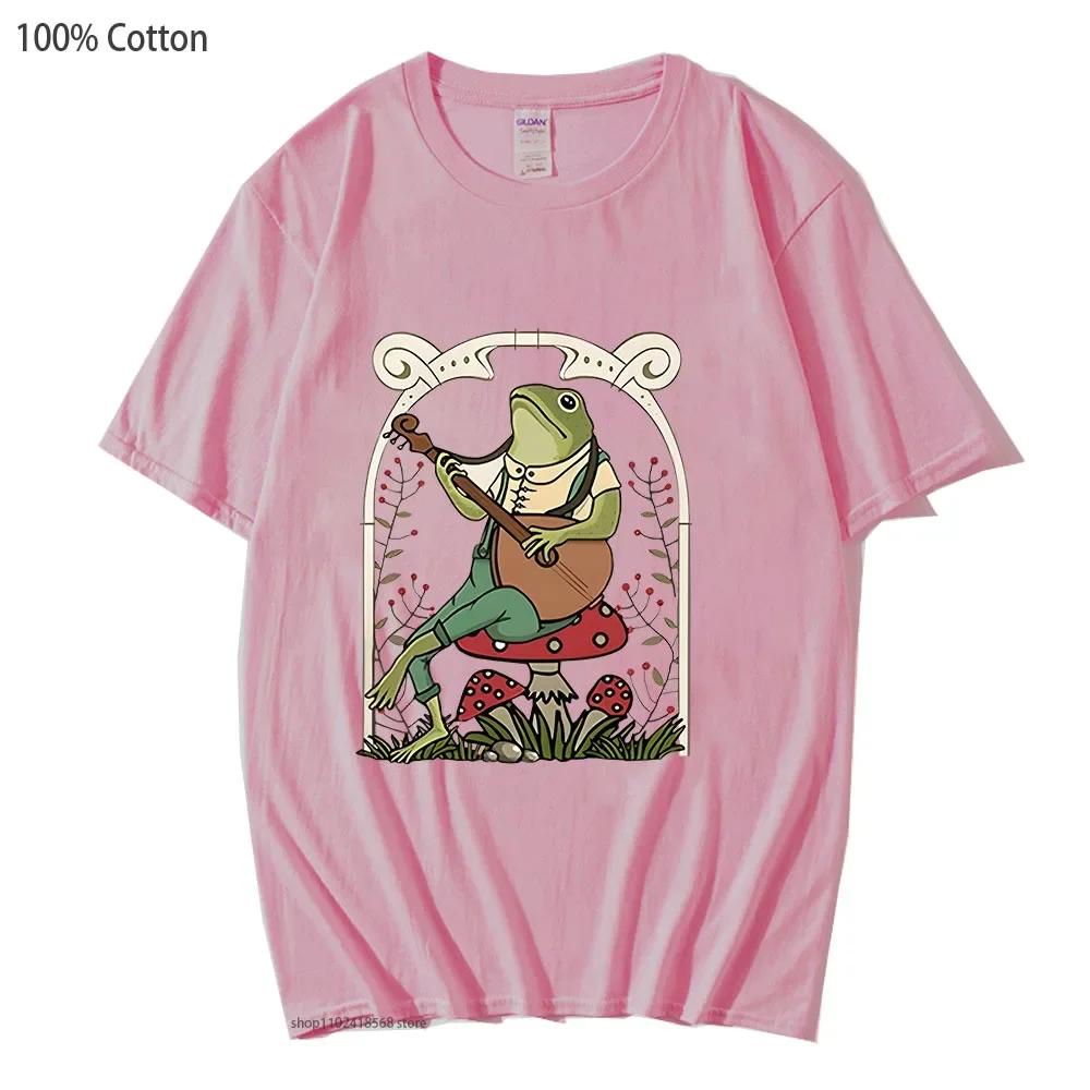 

Kawaii Cute Cottagecore Frog Playing Banjo T-Shirts 100% Cotton Men/Women Clothing Funny Mushroom Naturecore Shirts Summer Tees