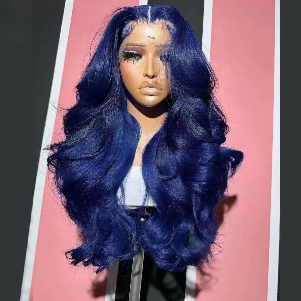 

Midnight Blue Body Wave Lace Front Wigs Sky Blue 13x4 Hd Lace Frontal Wig Pre Plucked Free Part Daily Synthetic For Women