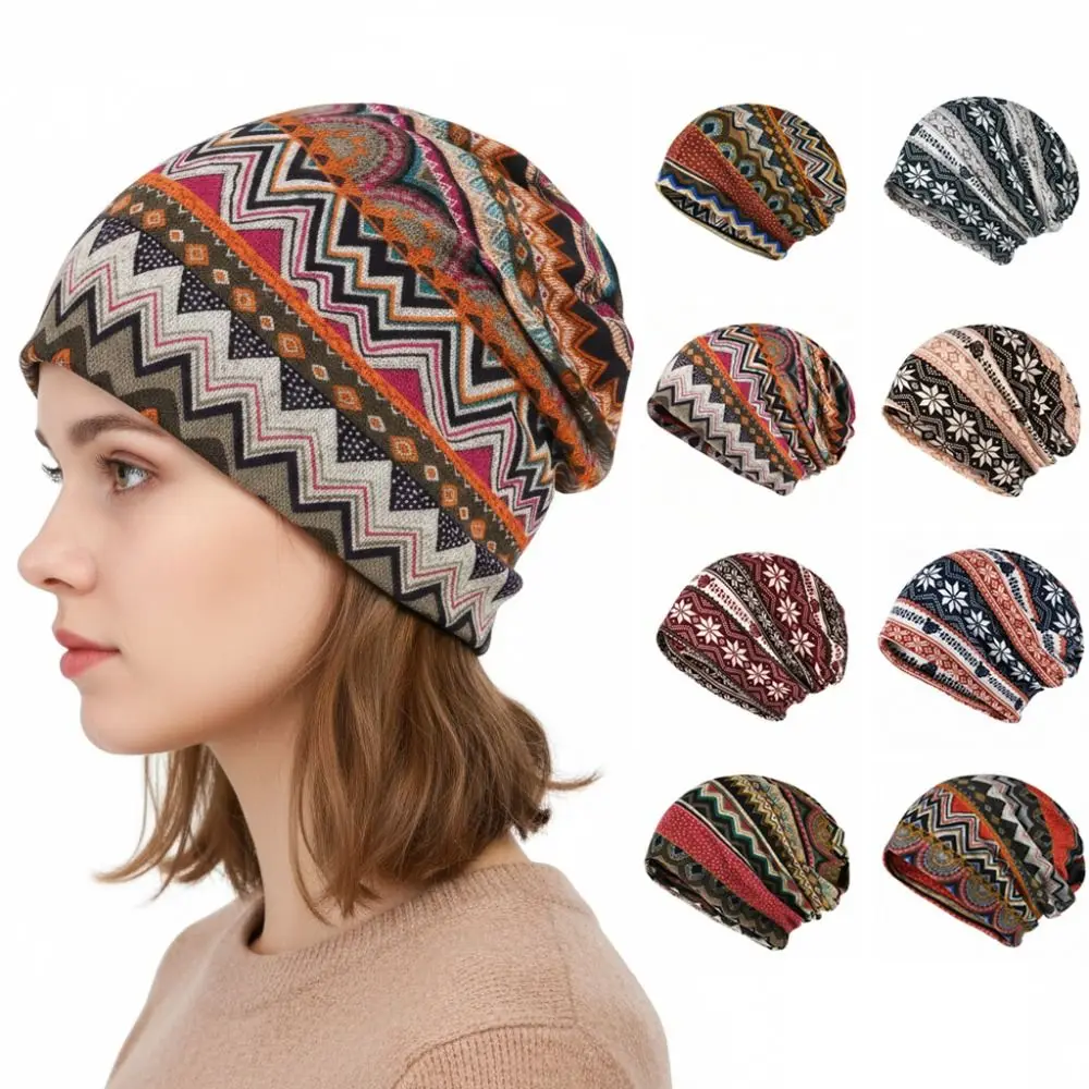 Contrasting Colors Pullover Hat Plaid Print Scarf Pullover Hat Turban Hats Multifunctional Casual Hedging Cap Autumn and Winter