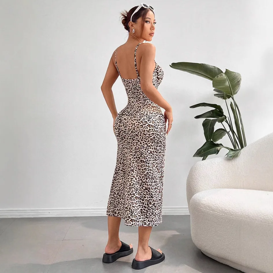 

2026 Summer Fashion Sling Dress Women's Sling Tube Top Tight High Slit Solid Color Leopard Print Hip Skirt