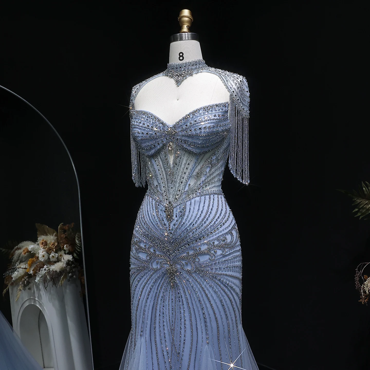 Sharon Said Elegantes Champagner-Meerjungfrauenkleid mit Cape-Ärmeln, Kristallperlen, Blaues Hochzeitskleid, SS021, Maßanfertigung – Detail 25