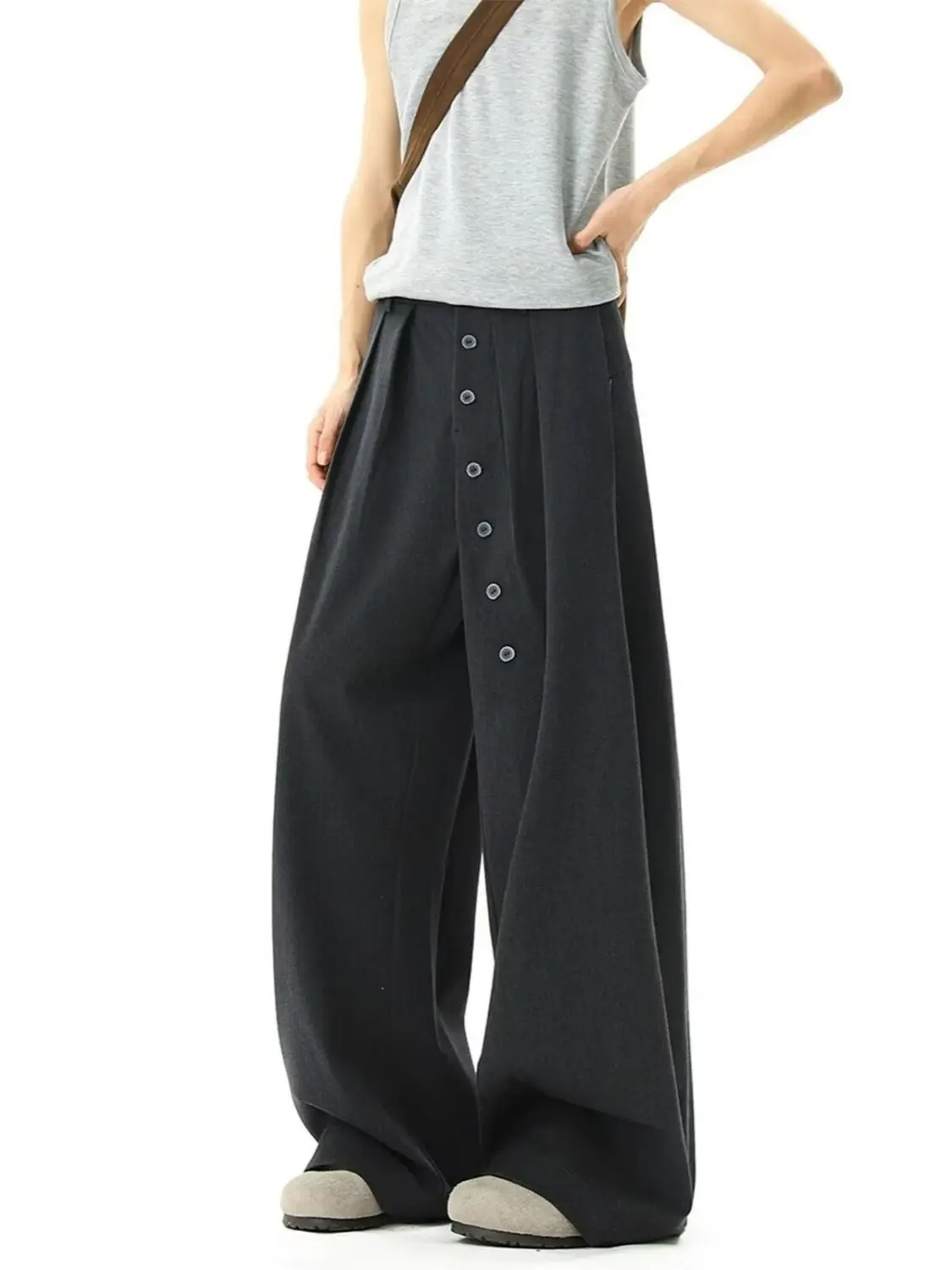 Autumn Women's Wide Leg Pants Cleanfit Black Solid Low Waist Dressy Trousers Unisex Office Work Casual Clothes