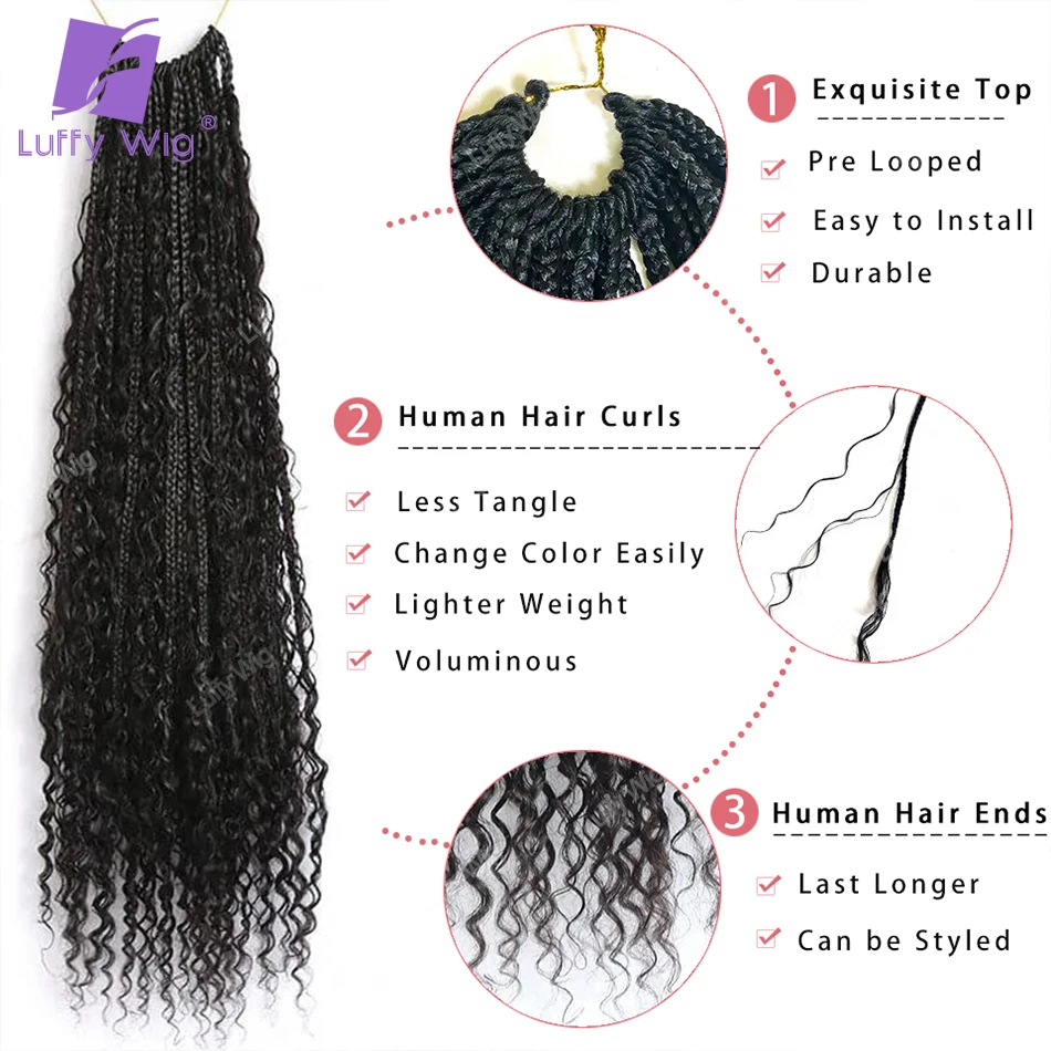 Crochet Boho Box Braids Hair Pre-looped Synthetic Braid With Human Hair Curls Pre Braided Braiding Hair For Black Women Luffywig