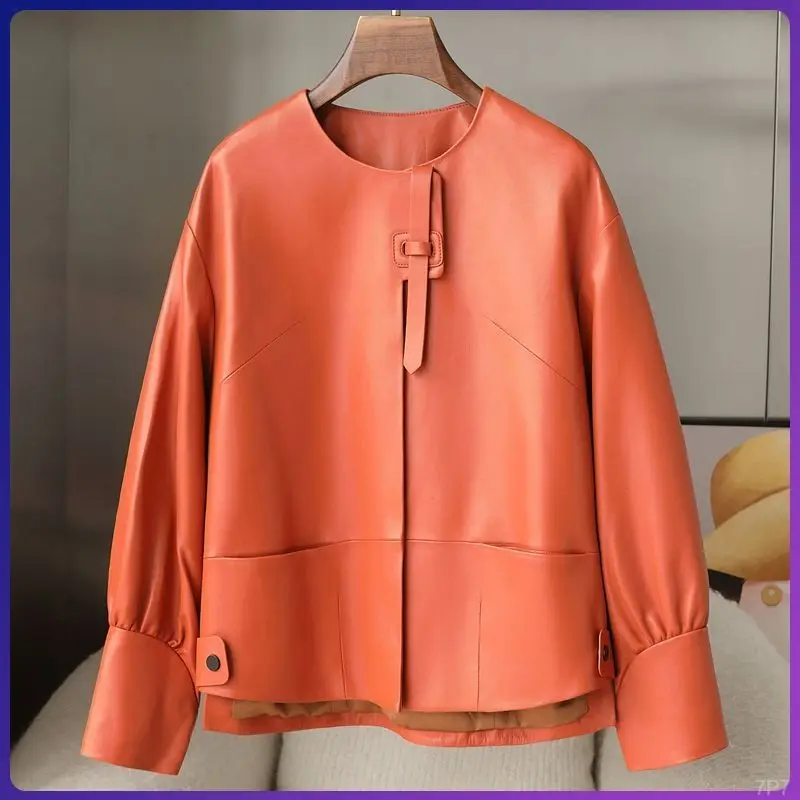 

2026 Autumn and Winter New Women's Pu Jacket Elegant Leather Coat Round Neck Top