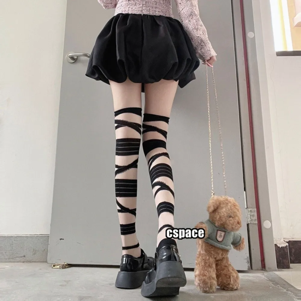

Sexy Ultrathin Long Stockings Bandage Stripe Transparent Stripe Tube Stockings Nylon High Tube Socks Japanese Lolita