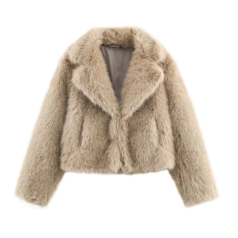 

Women Fashion Cropped Faux Fur Jacket Coat Long Sleeve Casual Female Outerwear Chic Lapel Collar Thick Warm Coat