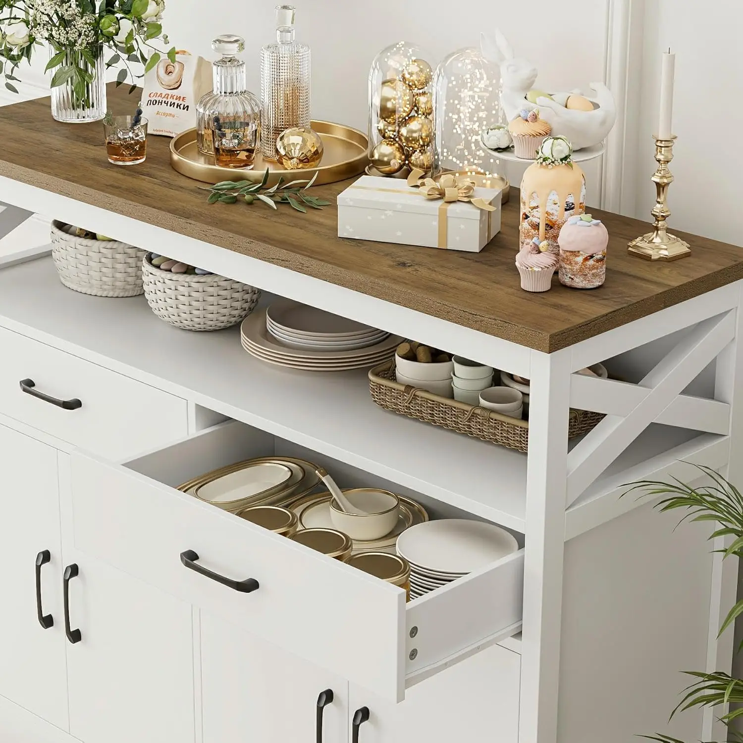 47' 모던 팜하우스 사이드보드 뷔페 캐비닛, 서랍과 선반이 있는 목재 수납장, 화이트 브라운