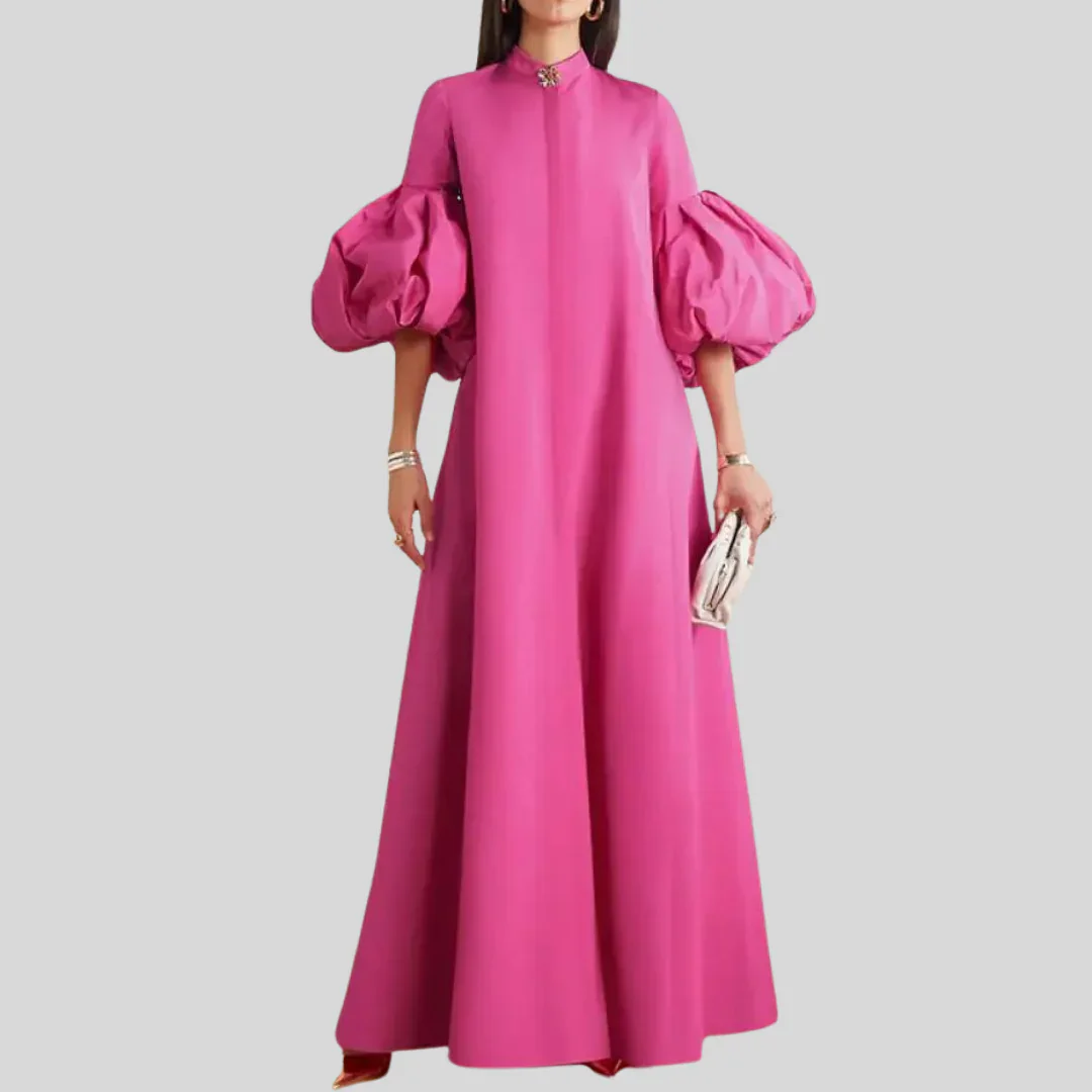 Elegant Fuchsia Loose A-line Satin Women Dresses To Party Half Puff Sleeves Modest Female Party Dress Long Robe