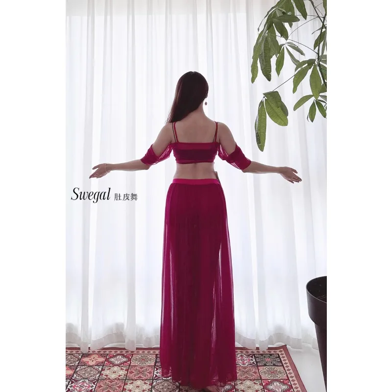 Spersonalizowana sukienka do tańca brzucha Swegal, odzież do tańca orientalnego, strój do ćwiczeń, fioletowo-różowo-czerwona siateczka, podwójny widełkowy zestaw z dużą spódnicą do swingowania.