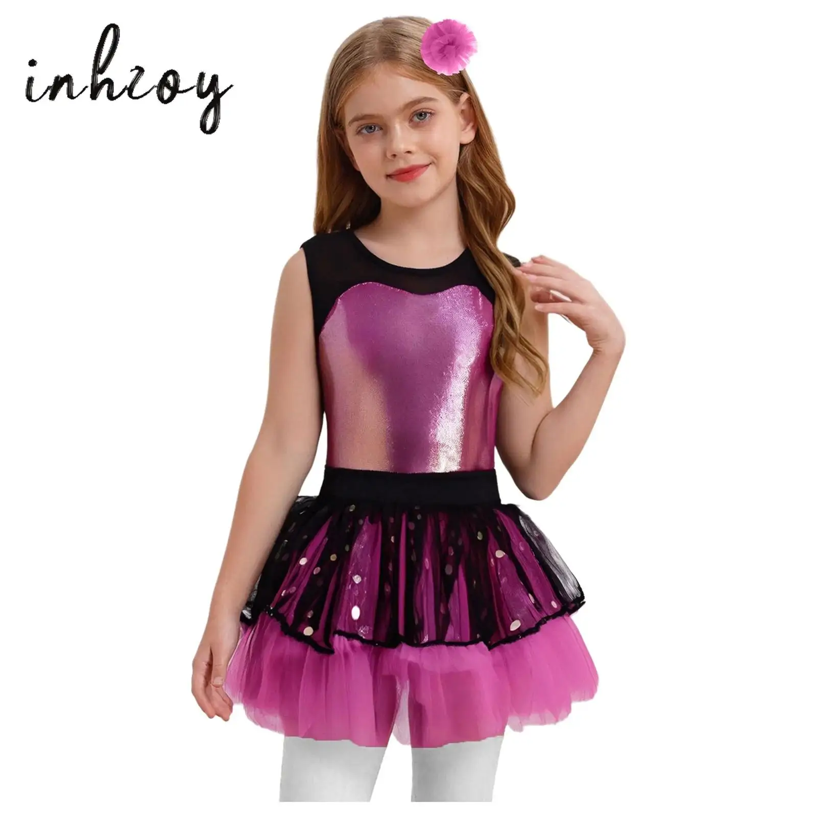 

Kids Girls Ballet Leotard Dress 2Pcs Sleeveless Sheer Mesh Patchwork Metallic Bodice Tutu Dress+Headwear Jazz Dance Performance