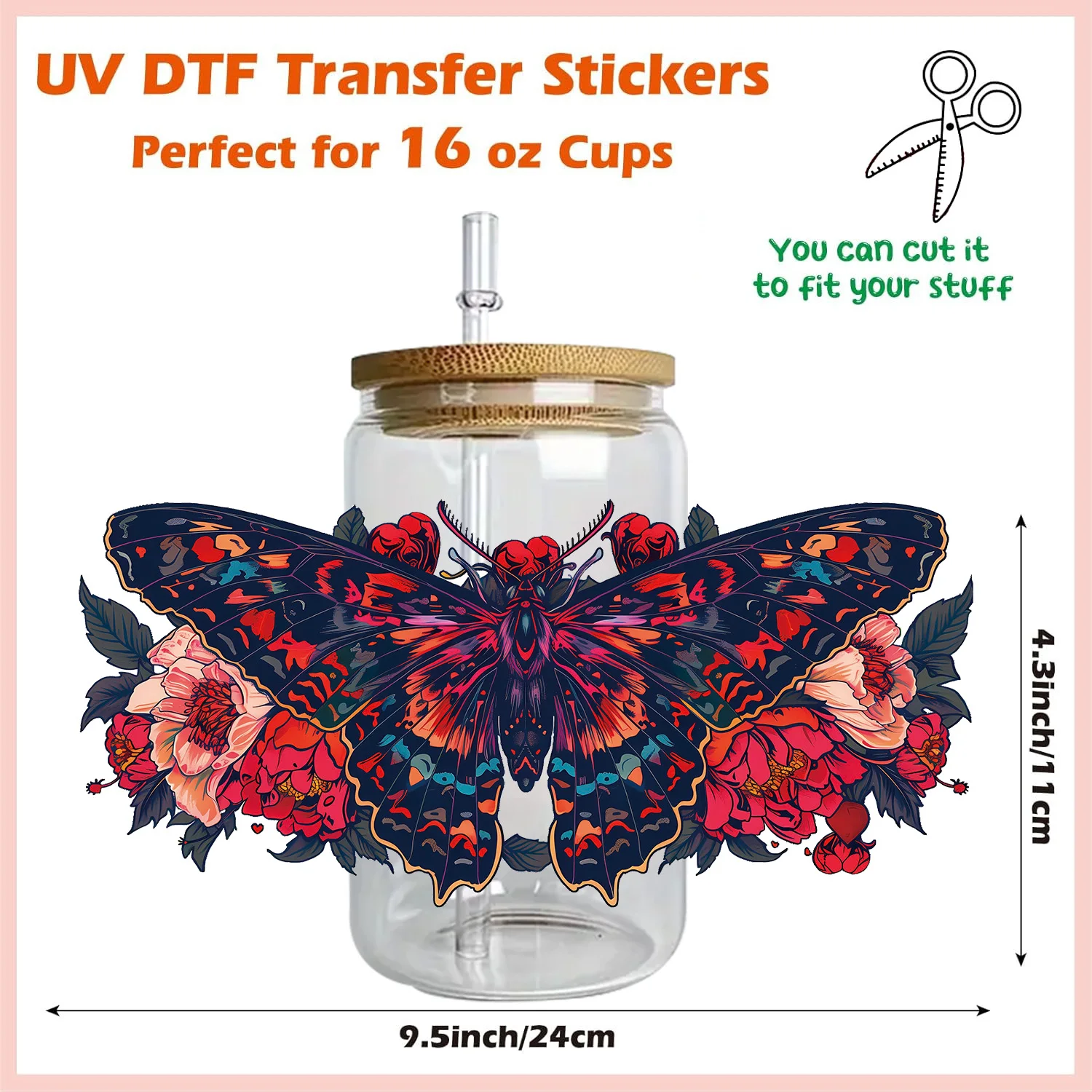 Dark Butterfly Series Easy peel waterproof DIY Decals 3D transfers uvdtf crystal stickers 16oz uv dtf cup wraps for Glass