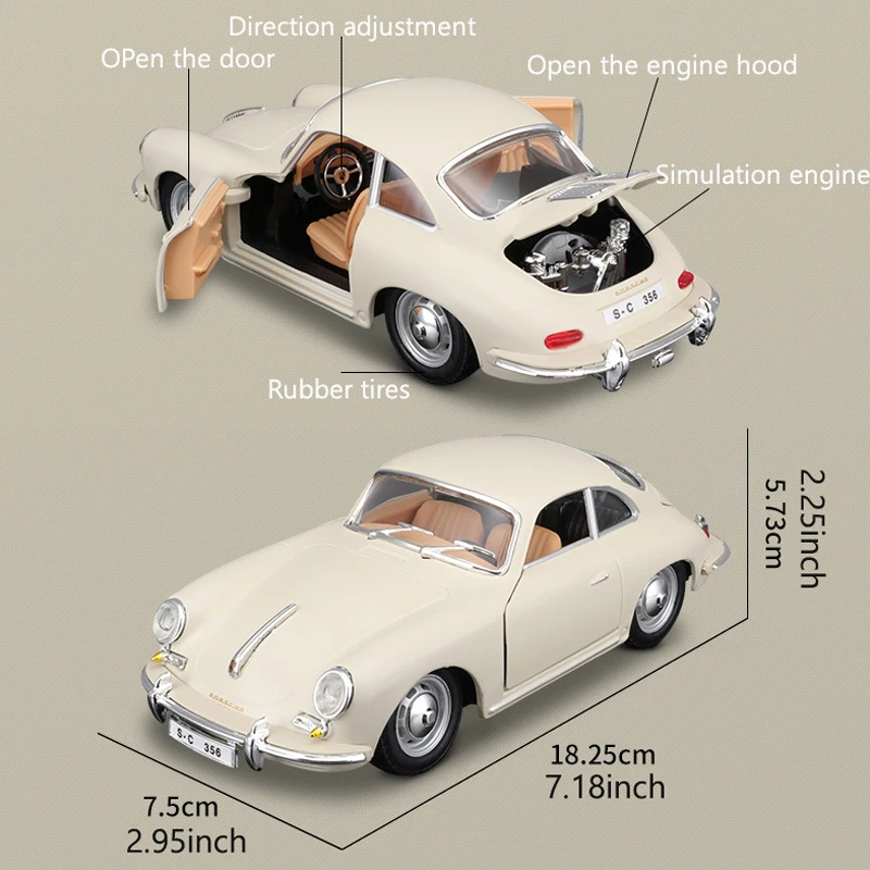 Bburago 1:24 Porsche 356B Coupe 1961 Cars Model Alloy Static Die Cast Vehicles Collectible Model Car Toys For Adults