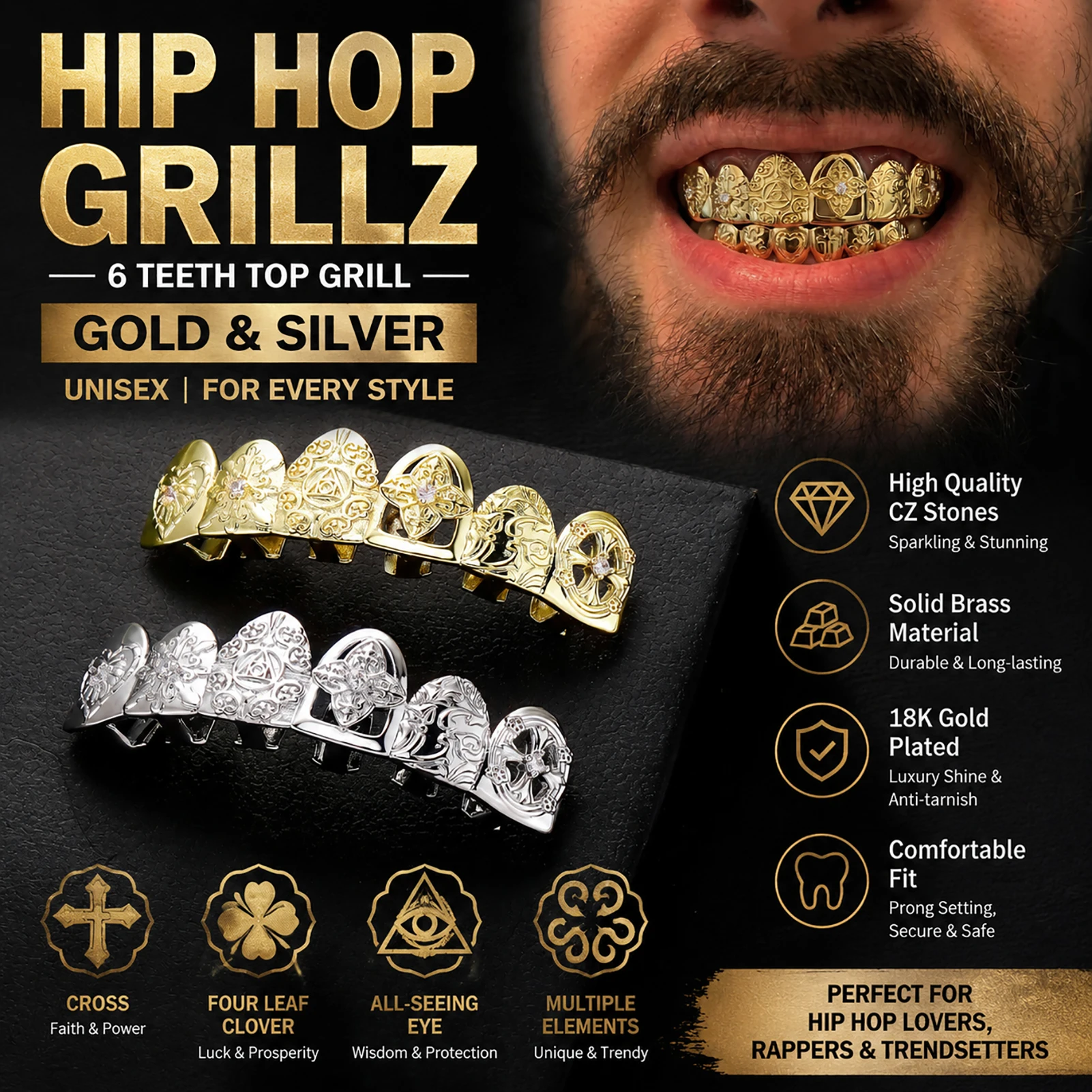 JINAO Hip Hop New Thorns Treble Teeth Hollow Red Rhombus CZ Grillz Men Women Top&Bottom Shiny Grill Punk Rapper Christmas Gift