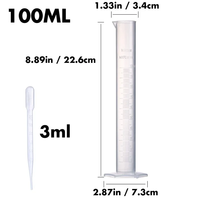 4 Sizes Graduated Polypropylene Lab Test Tubes in 100 ml,50 ml,25 ml,10 ml for Laboratory with 4 Plastic Droppers in 3ml