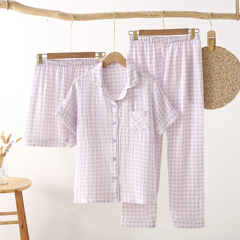 Women Summer Three Piece Pajamas Set Japanese Plaid Pure Cotton Double Layer Yarn Home Clothes New Ladies Sleepwear Suit