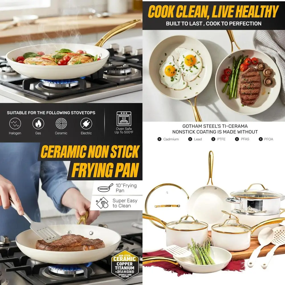

15-Piece Non-Stick Ceramic Cookware Set with Utensils, Steamer, Gold-Handled, Oven and Dishwasher Safe