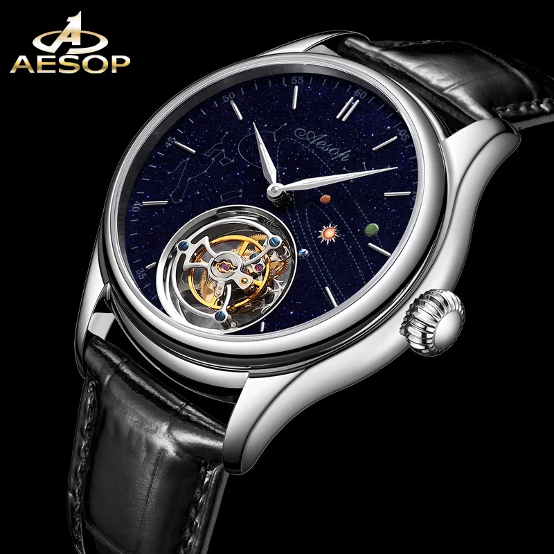 Aesop 7025 jam tangan mekanis Pria Dial batu pasir biru modis safir kulit baja tahan karat gerakan Tourbillon terbang Manual