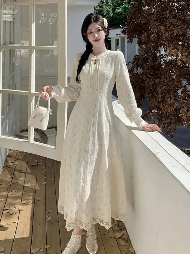 중국 스타일 롱 드레스 가을 겨울 솔리드 화이트 우아한 여성 드레스 패션 빈티지 스위트 베스티도스 무헤르