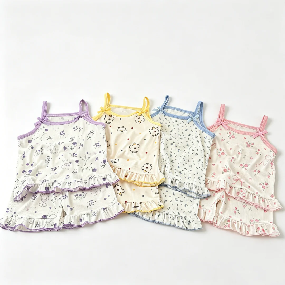 Summer Thin Girls Set Cartoon Print Bow Sleeveless Toop+Ruffle Shorts 2 Pcs Clothes for Kids Soft Breathable Children Suit