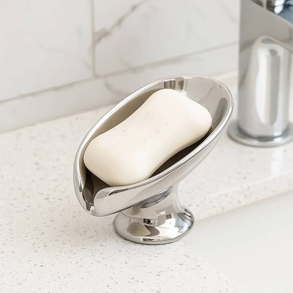 

No Punching Ceramic Self Draining Soap Holder Gold Silver Leaf Shape Soap Dish with Drain Holes Bathroom Storage Holder Bathroom