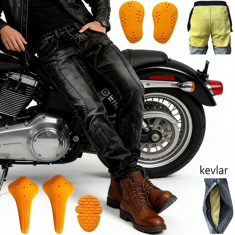 

Мотоджинсы из кевлара для мужчин, с защитой от падений, из арамидного волокна, для езды по бездорожью, в ретро-стиле, Корея, Япония