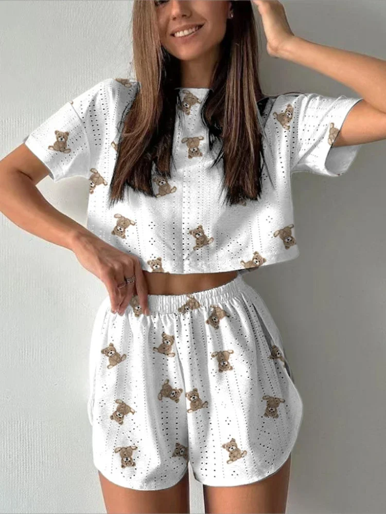 Two-piece Suit New in Fashionable Elegant Printing O-neck Shorts Sleeve Tops High Waist Side Split Commuting Women\'s Clothing