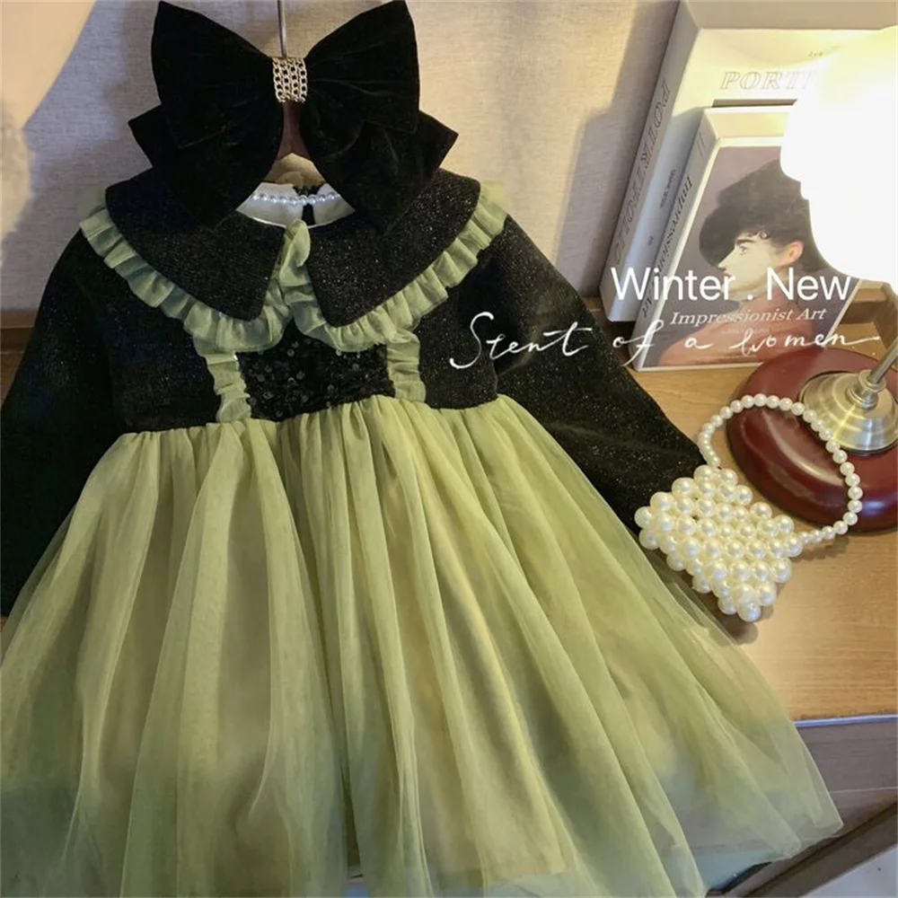 

7716 Winter Velvet Kid Princess Dress Children's Long Sleeved Doll Collar Gauze Skirt Sling Girl's Dress Mesh Baby Dress