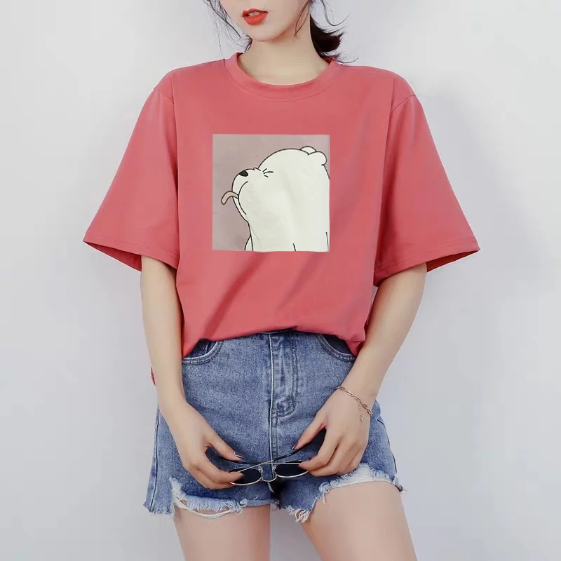 Hirsionsan 100% Cotton T Shirt Women Female Kawaii Bear Print Soft Clothes Oversized Tops Casual Ins 2023 Harajuku Chic Tees