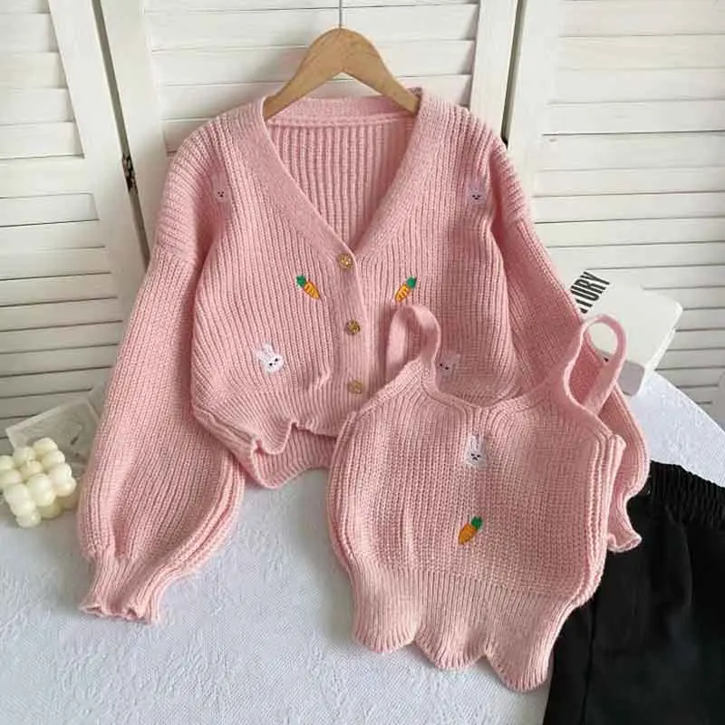 Autumn Solid Cardigan Suit Women Korean Sweet Embroidery Crop Cardigans+Vest Two Piece Set Elegant Lantern Sleeve Knitting Tops