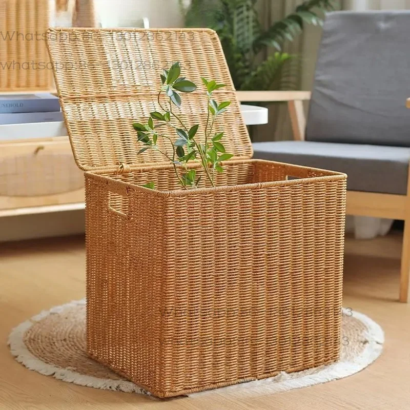 Woven Basket Box Lid Clothes Toy Cabinet High Picnic Fruit Laundry Organizer Storage