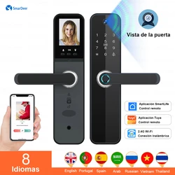 SmarDeer Electronic Door Lock with Camera Tuya Smart Lock with Remote Unlock Keyless Entry Code Door Lock Mechanical key unlock