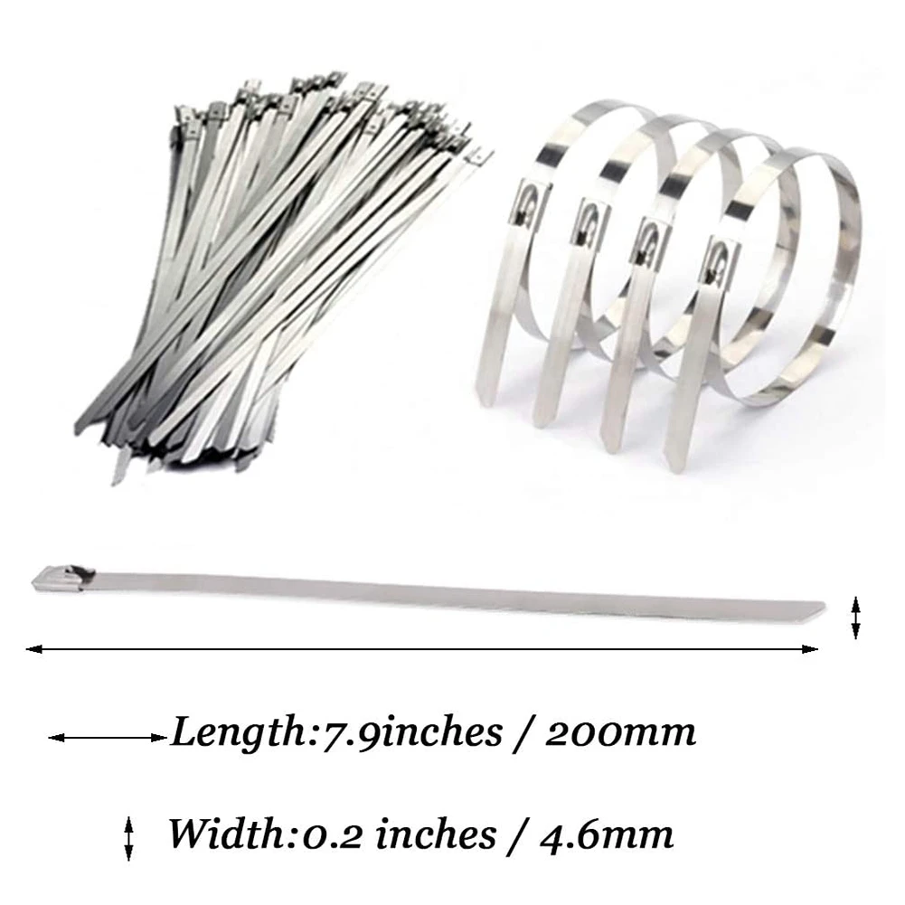 Stainless Steel Cable Ties, 100 Pcs 7.9 Inches Heavy Duty Self-Locking Cable Zip Ties, Metal Exhaust Wrap Locking Ties