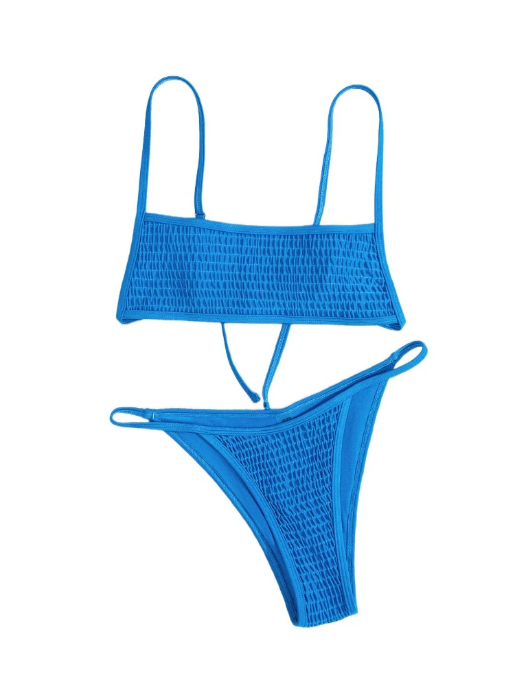 Women's bikini swimsuit, ruched solid color swimsuit, two-piece small strap swimsuit