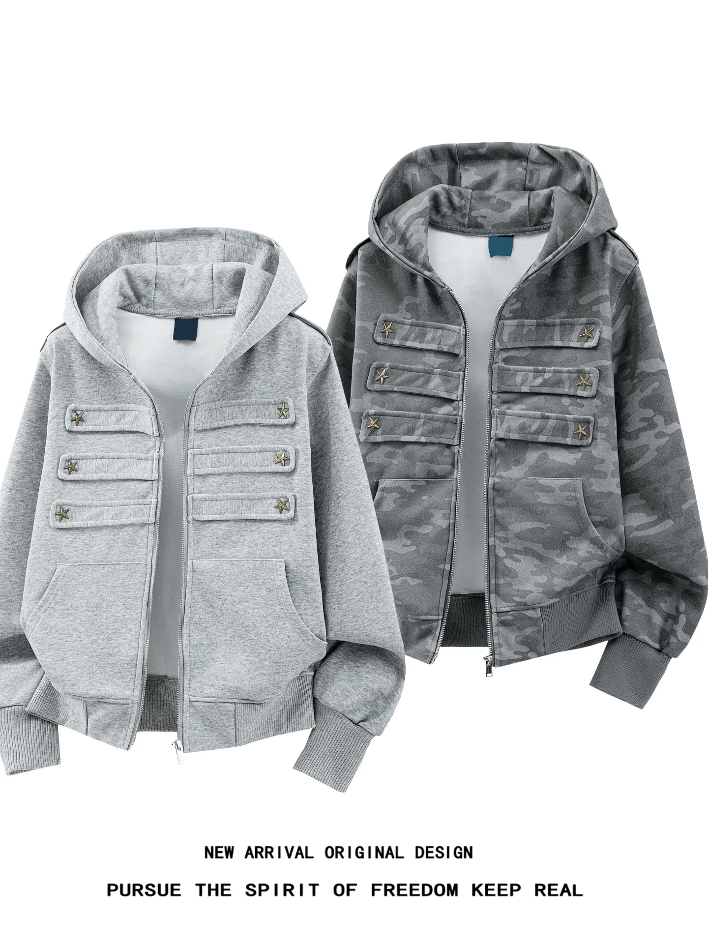 Retro Court Style Hoodie Men's American Street Camouflage Open Cardigan Design Sense Jacket Metal Buckle Star Print Summer Ou...