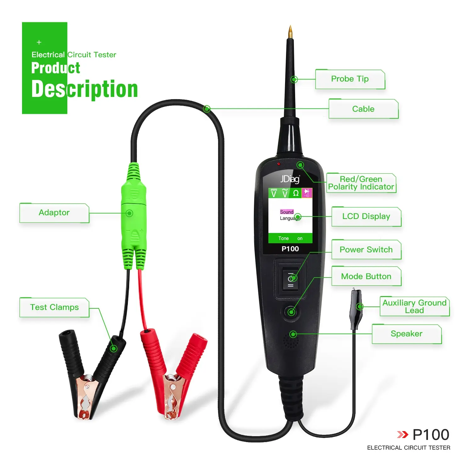 Topdiag P100 자동차 전기 회로 테스터, 전원 회로 프로브 키트, 자동차 시스템 배터리 테스터, 12V, 24V, 자동차 진단 도구