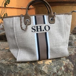 Personalized Custom Monogram Tote Bag Travel Tote Bag Striped Initials Name High-end Chain Tote Bag Shopping Shoulder Bag