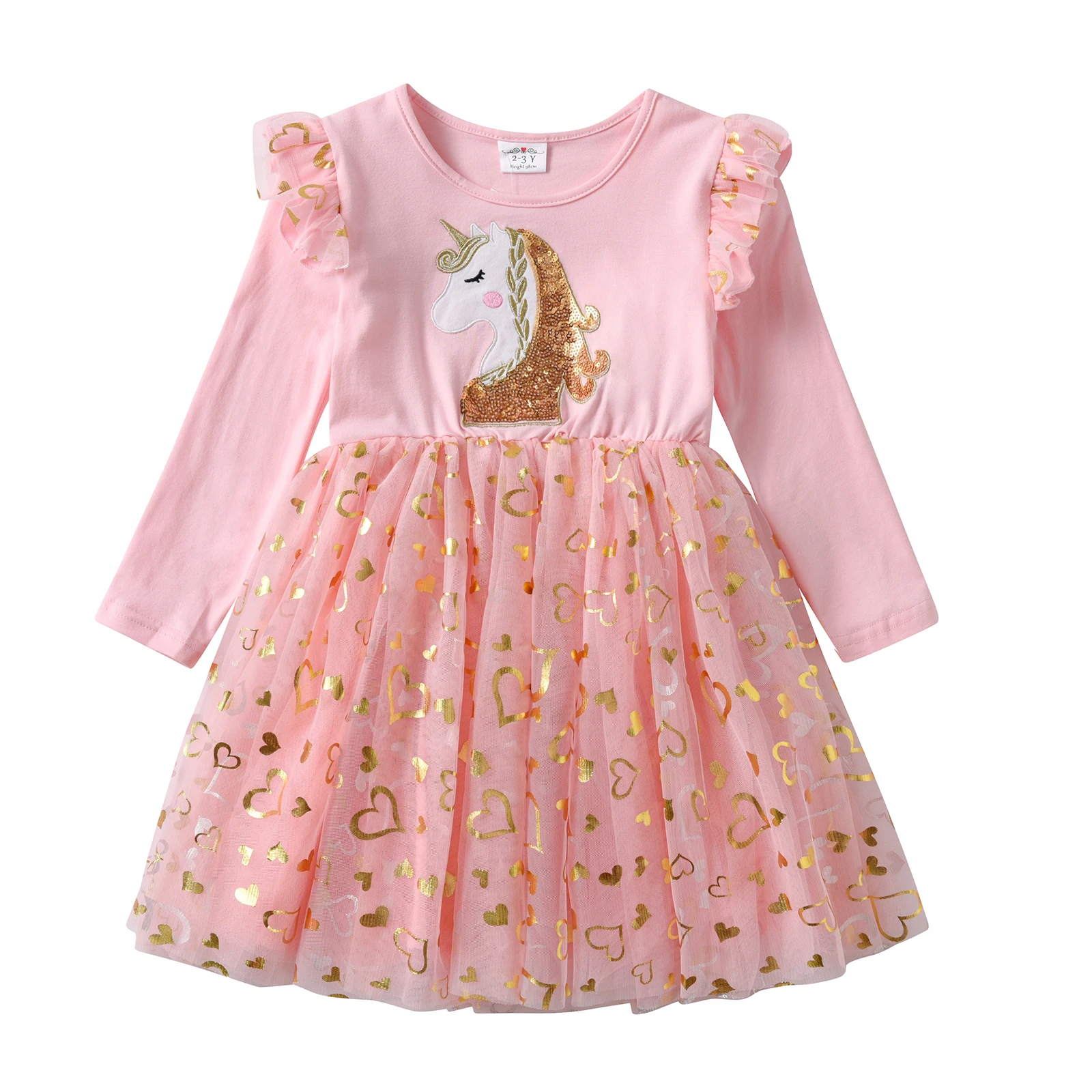 VIKITA Girls Pink Long Sleeve Dress Girls Heart Shape Print Princess Dresses Toddlers Tulle Mesh Festive Casual Wear Costumes