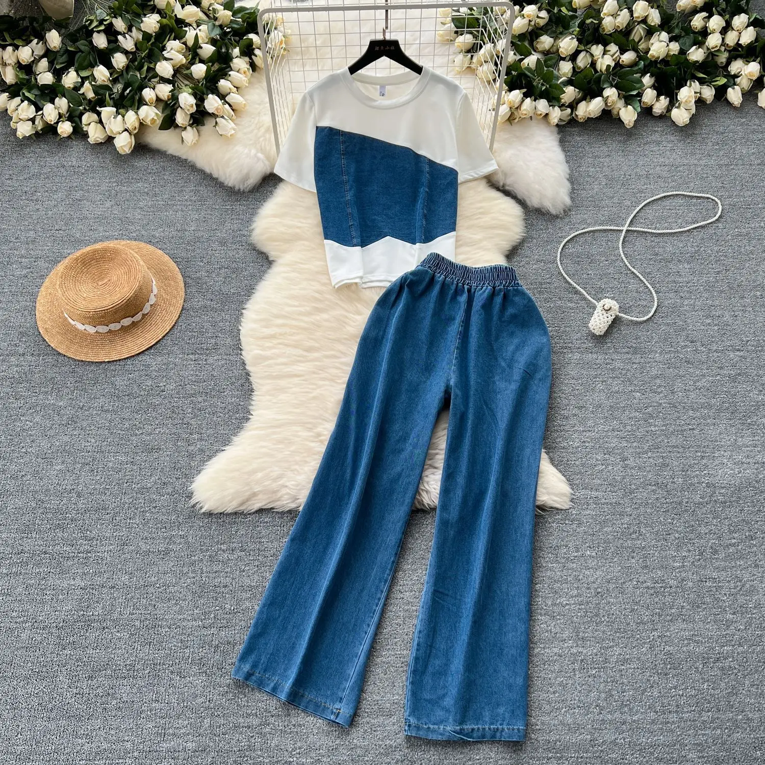 エレガントなデニムセット半袖ストラップキャミソール+ベーシックワイドレッグパンツファッションストリートウェアバケーションスタイルヴィンテージスーツサマー2025