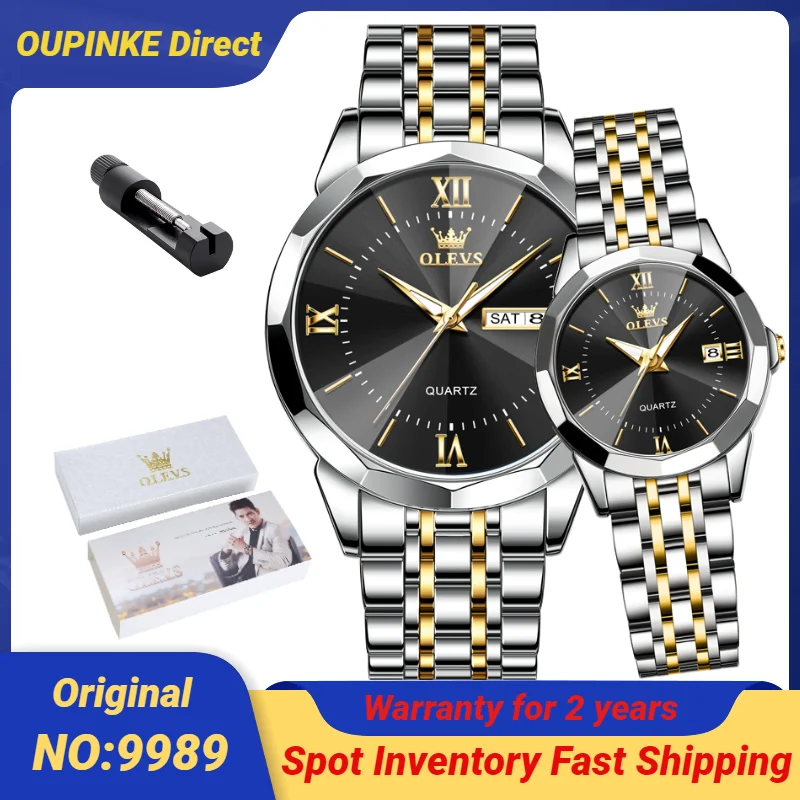 OLEVS-Paire de montres de couple en acier inoxydable pour hommes et femmes, montres-bracelets pour hommes et femmes, calendrier, ensemble de mode classique, cadeau