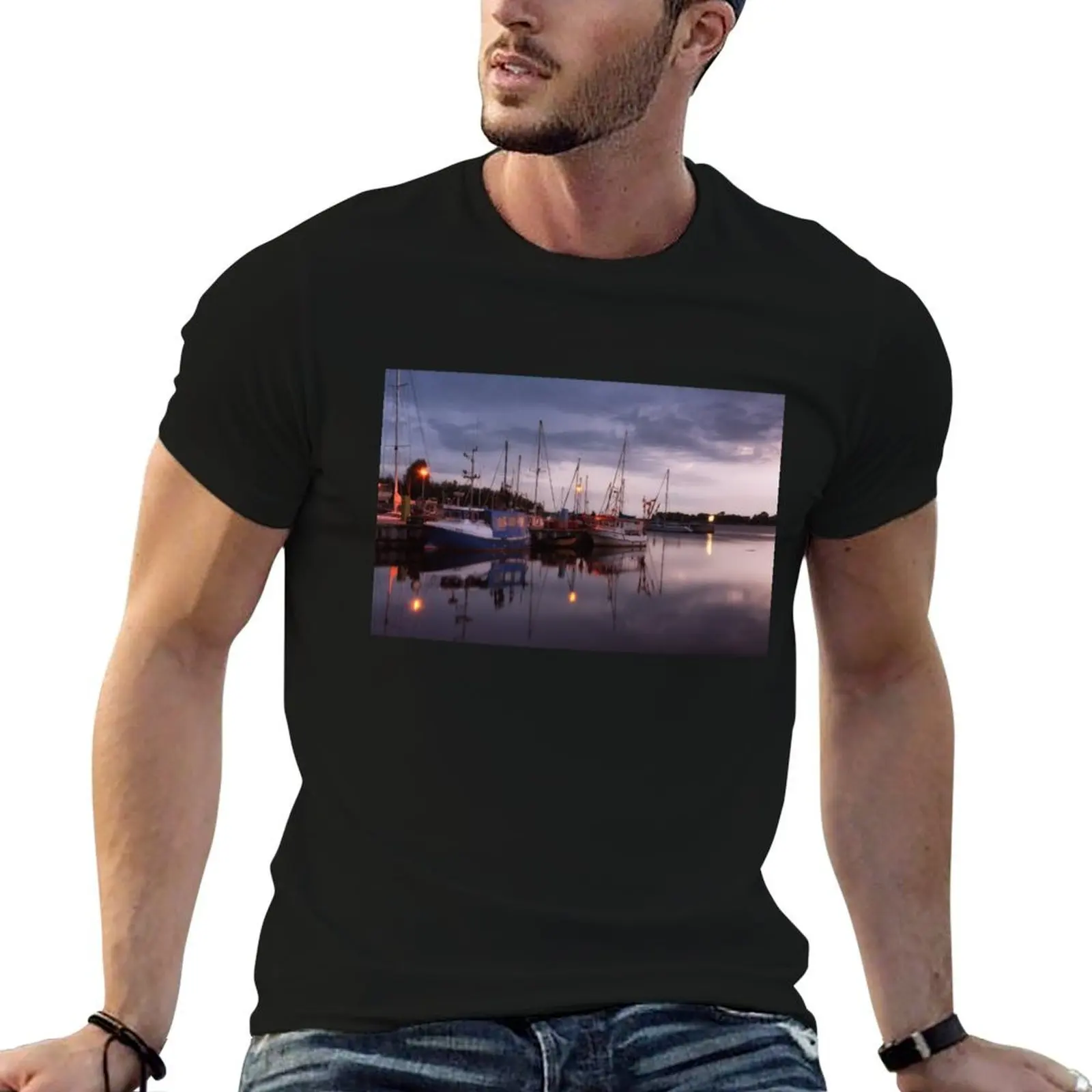 

Fishing Boats in Thiessow Harbour at Dusk, Ruegen, Germany T-Shirt man t shirts for men man t shirt luxury T-Shirt