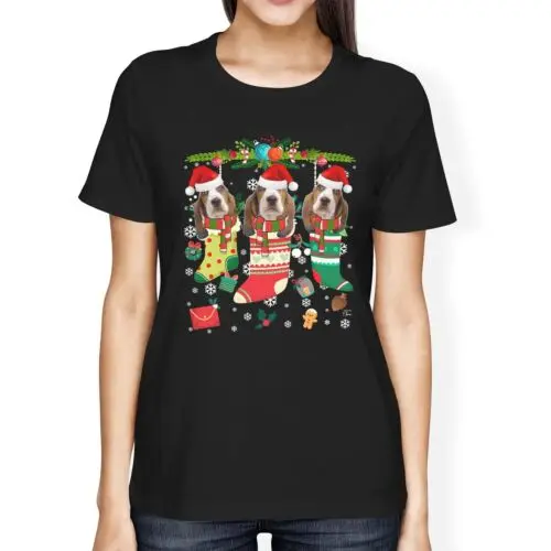 Polarshe 1Tee Womens Loose Fit Christmas Stockings Adorable Basset Hound Dogs T-Shirt