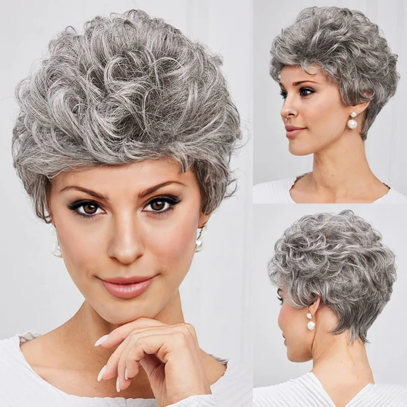 Hair Extensions Synthetic Grey Old Woman Cosplay Wigs Natural Breathable Head Cover Ladies Short Curl Wig Hat Performance Props