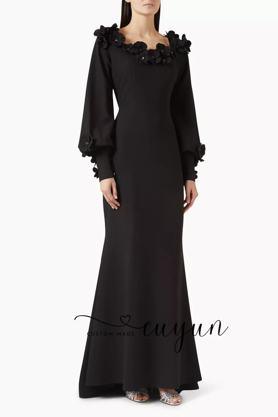Suknia wieczorowa CUYUN z czarnymi kwiatowymi aplikacjami, długa, z długim rękawem, fason półsyreny, sukienka na przyjęcie, sukienki na wesele dla gości.