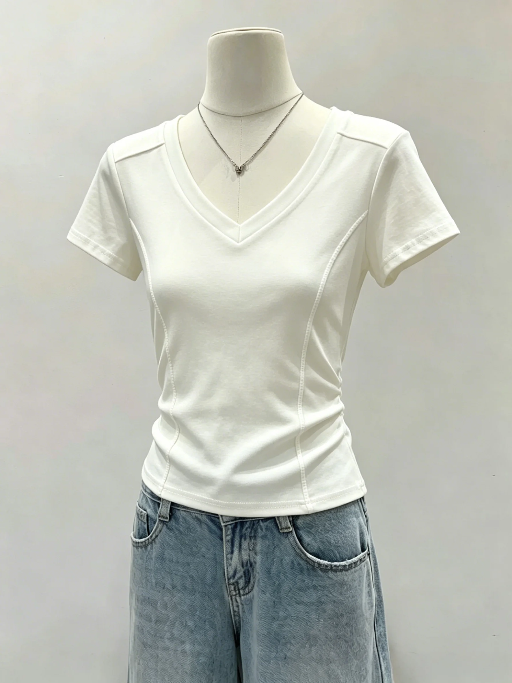 Slim Fit V-Neck Fishbone Short Sleeve T-Shirt 95 Cotton  Color Shoulder Appropriate Versatile Summer Top for plus Size W...