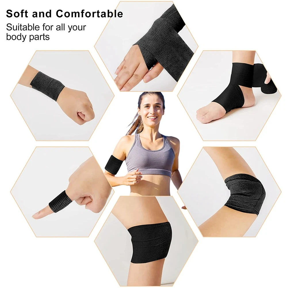 12 Pcs Black Elastic Self-Adhesive Bandage 5 cm Sports Fixed Elastic Bandage for Sports Injuries and Pet Treatment XQ