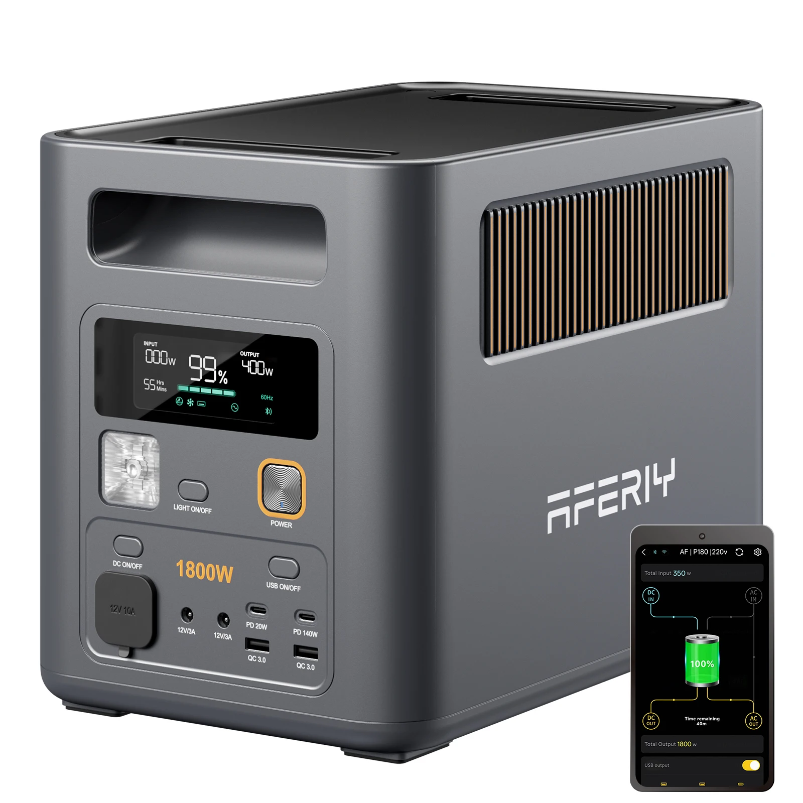 AFERIY Nomad1800 Pro Tragbare Powerstation, 1800W Dauerleistung, 3600W Spitzenleistung, 1024Wh LiFePO4 Solargenerator, Erweiterbar auf 5120Wh, USV, 36 Min. Schnellladung für Notstromversorgung zu