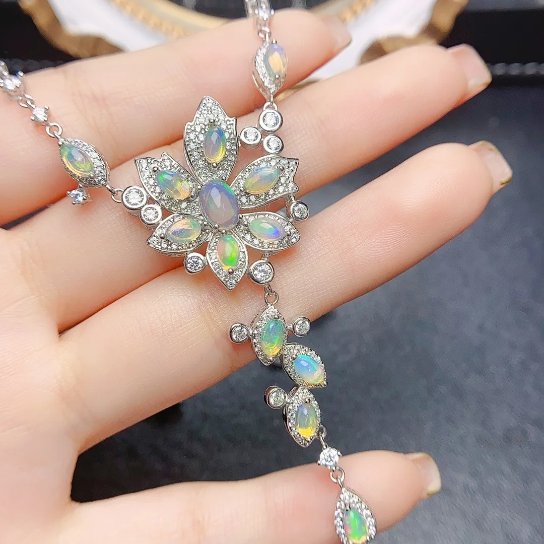 S925 Silver Handcrafted Vintage Floral Drop Necklace Natural Opal Mixed Size 3*5mm 4*6mm Halo Crystal Wedding Choker