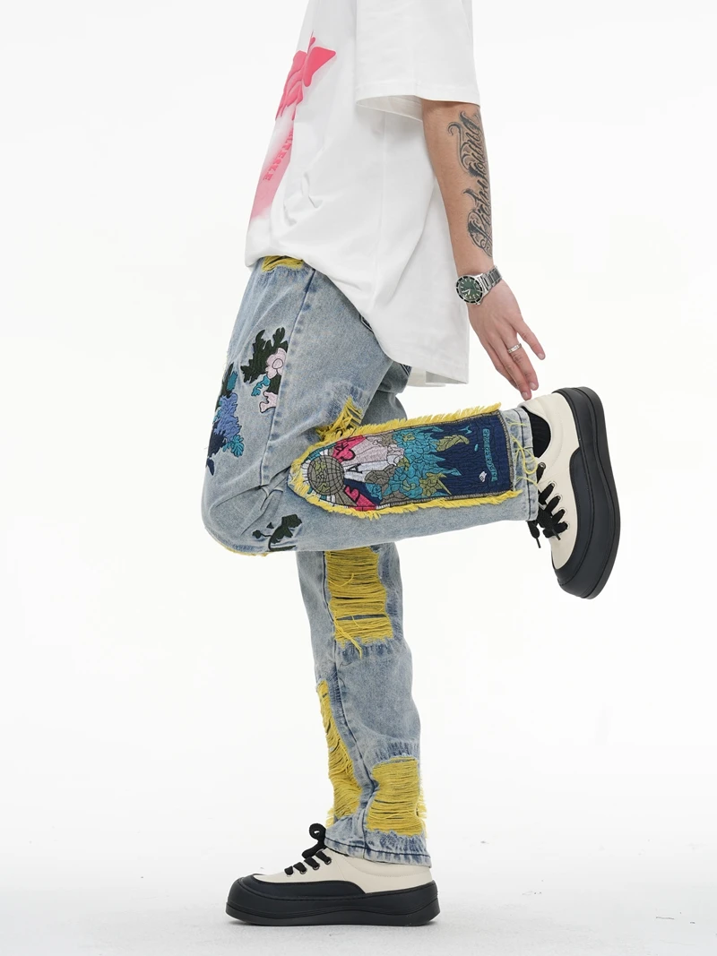 Chinesische Malerei-Stickerei auf Denim-Jeans für Herren, Streetwear mit Falten und Quasten, Distressed Destroyed Jeans, Gerade geschnittene Hose – Detail 4