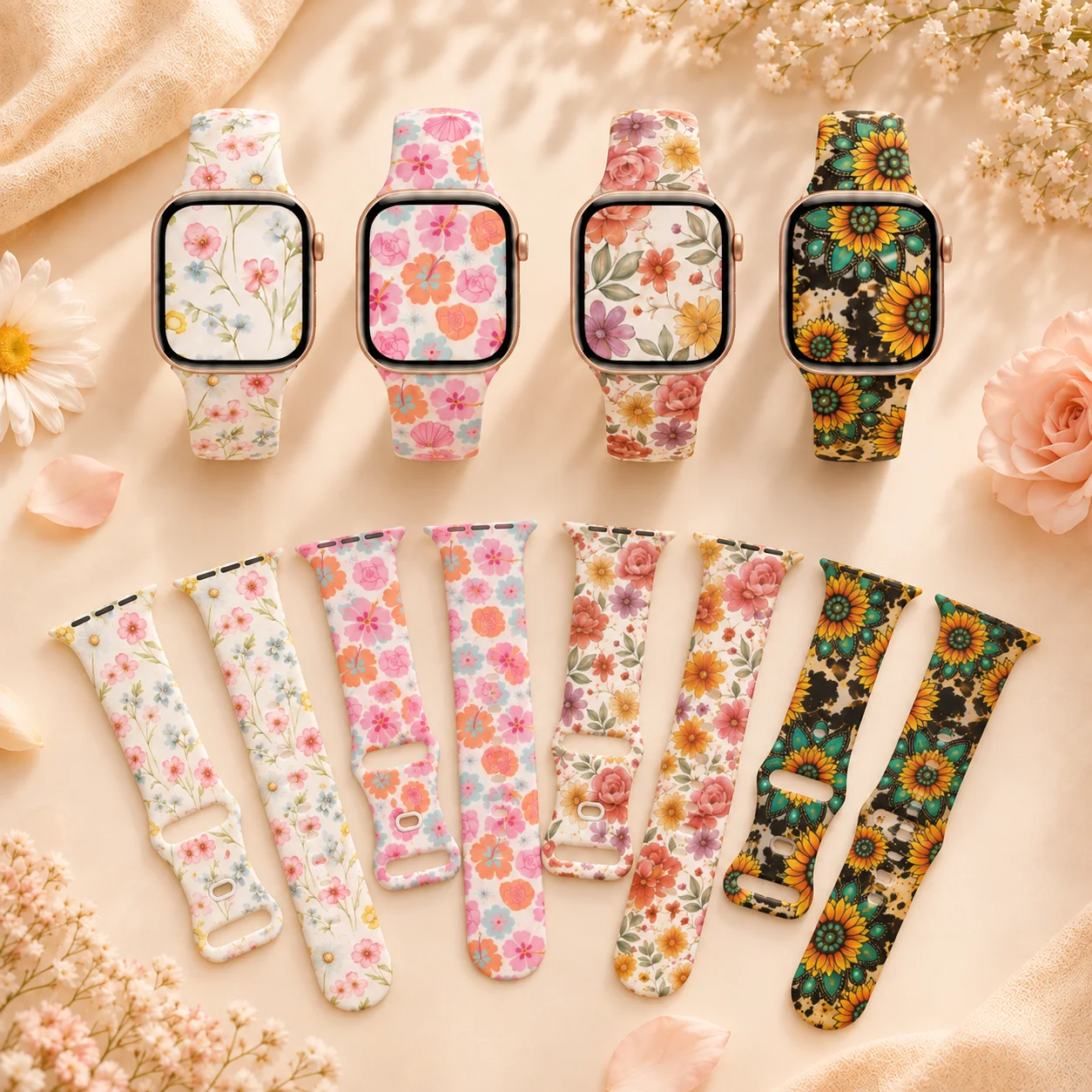 Blumenmuster-Armband für die Apple Watch 38/40/41/42/44/45/46/49 mm, elegantes, weiches Silikonarmband für Damen, passend für die iWatch-Serien 12, 11, 10, 9, 8, 7.