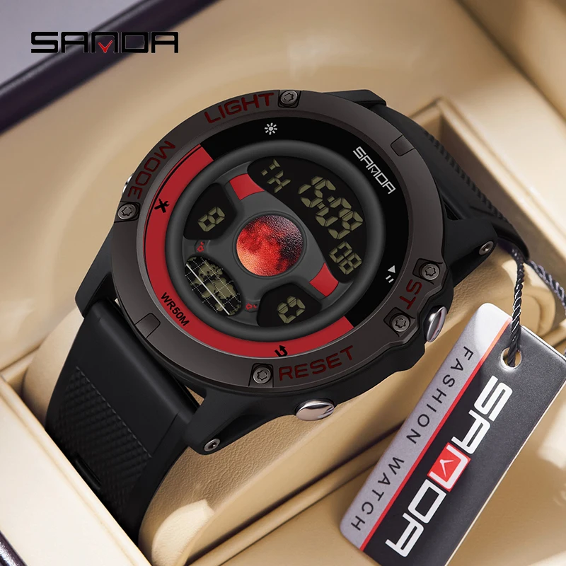 SANDA 9024 Men\'s New Car Steering Wheel Watch Sport Silicone Band Design 50M Waterproof LED Digital Wristwatch Relogio Masculino